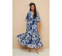 Wallis Petite Floral Print Pleated Cape Sleeve Midi Dress In Navy navy 16