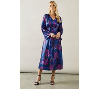 Wallis Petite Floral Print Satin Jacquard Midaxi Dress In Blue blue 10