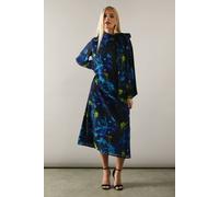 Wallis Petite Floral Print Tie Neck Georgette Midi Dress In Navy navy 14