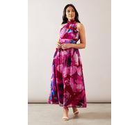 Wallis Petite Floral Print Viscose Tie Neck Midi Dress In Raspberry raspberry 10