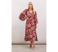 Wallis Petite Floral Print Viscose Wrap Dress In Burgundy burgundy 12