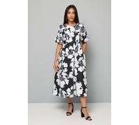 Wallis Petite Floral Puff Sleeve Twill Midi Dress In Mono mono 10
