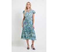 Wallis Women's Petite Floral Ruffle Neck Pleated Midi Dress in Green | Size: 12 Wallis Green 12
