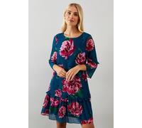 Petite Floral Ruffle Sleeve Drop Hem Shift Dress Wallis Green 10