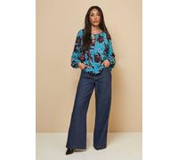 Wallis Petite Floral Tie Neck Blouse In Teal