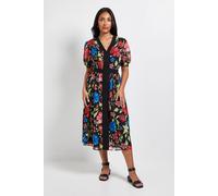 Wallis Petite Floral Zip Puff Sleeve Midi Dress In Black black