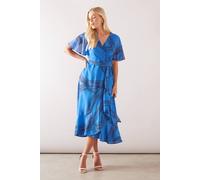Petite Geo Ruffle Wrap Belted Chiffon Midi Dress Wallis Cornflower 10