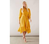 Wallis Petite Glitter Dobby High Neck Ruffle Midi Dress In Yellow yellow 8