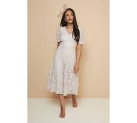 Wallis Petite Lace V Neck Tea Midi Dress In Grey grey 16