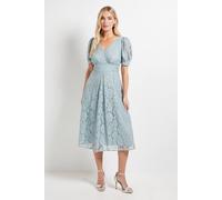 Wallis Petite Lace V Neck Tea Midi Dress In Turquoise turquoise