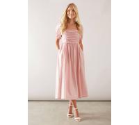 Wallis Petite Linen Mix Puff Sleeve Midaxi Dress In Pink pink 12