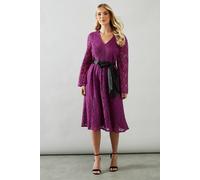 Petite Long Sleeve Satin Belt Lace Midi Dress Wallis Magenta 12