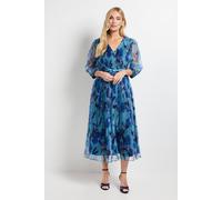 Wallis Petite Mesh Pleated Twist Waist Midi Dress In Blue blue