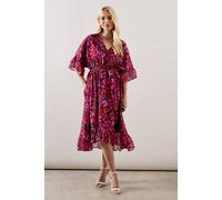 Wallis Petite Occasion Floral Belted Chiffon Midi Dress In Pink pink 12