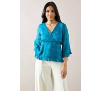 Wallis Petite Occasion Jacquard Ruffle Wrap Blouse In Teal teal 8