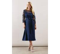 Petite Occasion Satin and Mesh Overlay Fit And Flare Dress Wallis Navy 12