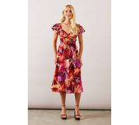 Petite Palm Viscose Ruched Midi Dress Wallis Plum 10