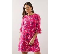 Wallis Petite Pink Watercolour Floral Ruffle Sleeve Shift Dress pink 12