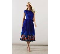 Wallis Petite Placement Print Lace Bodice Pleated Midi Dress In Navy navy 10