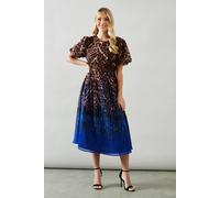 Wallis Petite Placement Print Puff Sleeve Midi Dress In Blue blue 8