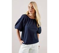 Wallis Petite Puff Sleeve Cotton Poplin Top In Navy navy