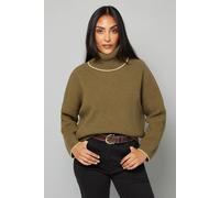 Wallis Petite Roll Neck Gold Detail Jumper In Khaki khaki L