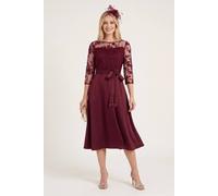 Wallis Petite Satin And Mesh Overlay Fit And Flare Dress In Wine wine