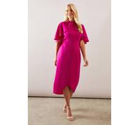 Wallis Petite Satin Cape Sleeve Keyhole Dress In Magenta magenta 8