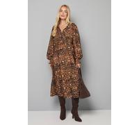 Wallis Petite Snake Print Woven Ruffle Collar Midi Dress In Brown brown