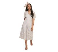 Wallis Petite Women’s Lace Pattern Wedding Guest Occasionwear Dress V-Neck Puff Short Sleeve Sophisticated Midi Dress, Petite, V-Neck, Midi Length Grey