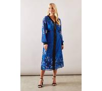 Wallis Petite Zip Front Floral Border Chiffon Midi Dress In Cobalt cobalt 12