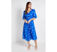 Wallis Polka Dot Lace Trim Puff Sleeve Midi Dress In Cobalt cobalt