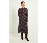 Wallis Polka Dot Mesh Ruched Waist Midi Dress In Chocolate chocolate
