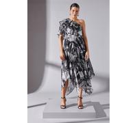 Wallis Printed Asymmetric Pleated Midi Dress In Black black
