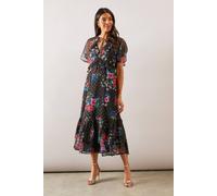Wallis Printed Metallic Cape Detail Midi Dress In Black black 16