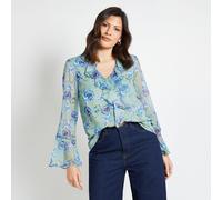 Wallis Printed Ruffle Blouse with Lace Insert IVORY BLUE SIZE 10
