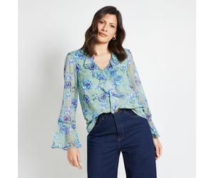 Wallis Printed Ruffle Blouse with Lace Insert IVORY BLUE SIZE 10