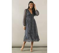 Wallis Printed V Neck Blouson Sleeve Midi Dress In Navy navy S