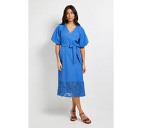 Wallis Puff Sleeve Lace Trim Midi Dress In Blue blue