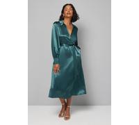 Wallis Satin Collared Tie Waist Midi Dress In Green green 18