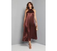 Wallis Women's Satin Embellished Floral Neck Trim Halter Dress in Chocolate | Size: 16 Wallis Chocolate 16