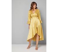 Wallis Satin Jacquard Wrap Ruffle Dress In Mustard mustard 14