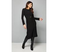 Wallis Slash Neck Button Detail Belted Knitted Dress In Black black S