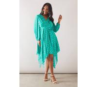 Wallis Spot Pleated Asymmetric Wrap Chiffon Midi Dress In Green green 12