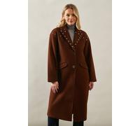 Wallis Stud Detail Single Breasted Midi Coat In Chocolate chocolate 14