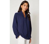 Wallis Tie Neck Shirred Cuff Top In Navy navy