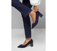 Wallis Wide Fit Danny Faux Suede Covered Buckle Medium Block Heel Court Shoes, 3, Navy