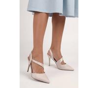 Wallis Wide Fit Everly Satin Asymmetric Pointed Stiletto High Heel Courts, 8, Champagne