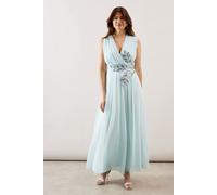 Wallis Women's Beaded Embellished Wrap Top Georgette Maxi Dress in Ice Blue | Size: 16 Wallis Ice Blue 16