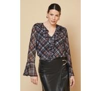 Wallis Women's Check Print Ruffle Detail Blouse in Chocolate | Size: 20 Wallis Chocolate 20